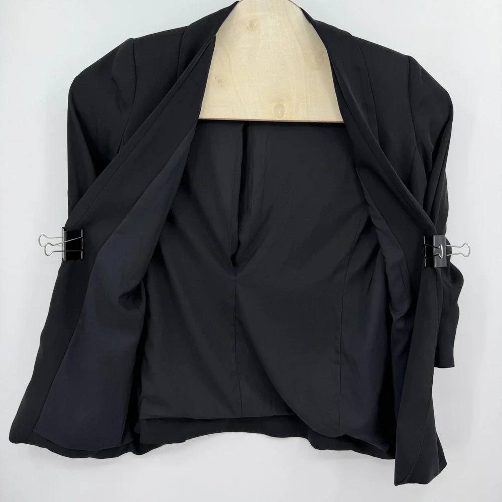 Chicos Black Open Front Ruched 3/4 Sleeve Blazer Jacket Size 2 US 12 Office